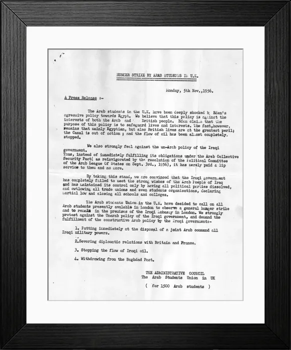Framed Print : Suez Crisis 1956 Press Release put out by Arab students 5 / 11 / 56 Framed Print : Suez Crisis 1956 Press Release put out by Arab students 5 / 11 / 56