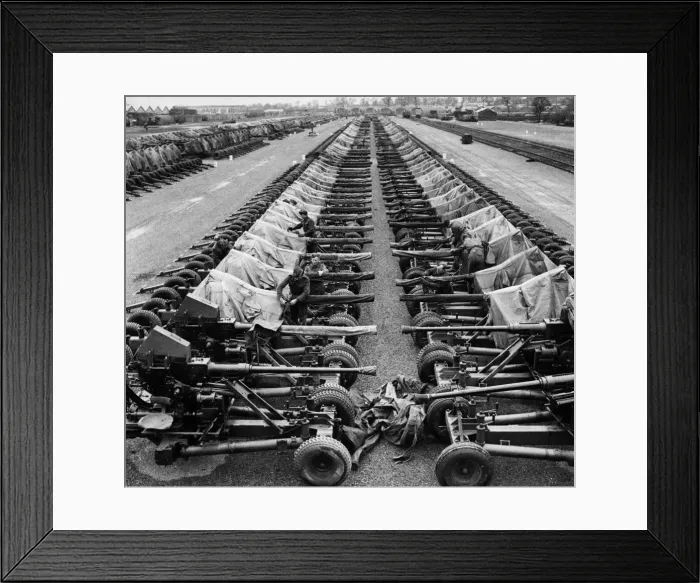 Framed Print : An equipment depot somewhere in England shows long lines of 40 m. m Bofors light A. A Framed Print : An equipment depot somewhere in England shows long lines of 40 m. m Bofors light A. A