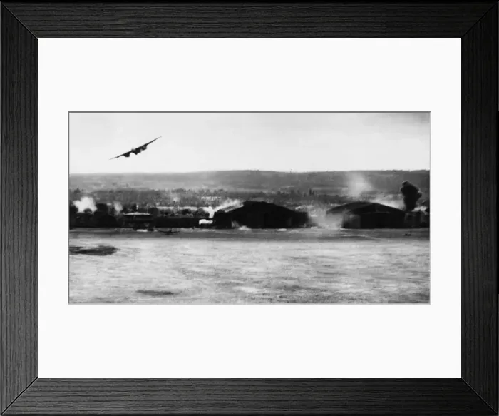 Framed Print : Mosquitos attack Geal airfield. (Picture) In this striking picture bomb bursts are Framed Print : Mosquitos attack Geal airfield. (Picture) In this striking picture bomb bursts are