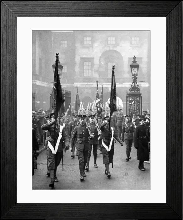 Framed Print : The Colours of the Brigade of Guards headed by the massed bands were marched to Charing Framed Print : The Colours of the Brigade of Guards headed by the massed bands were marched to Charing