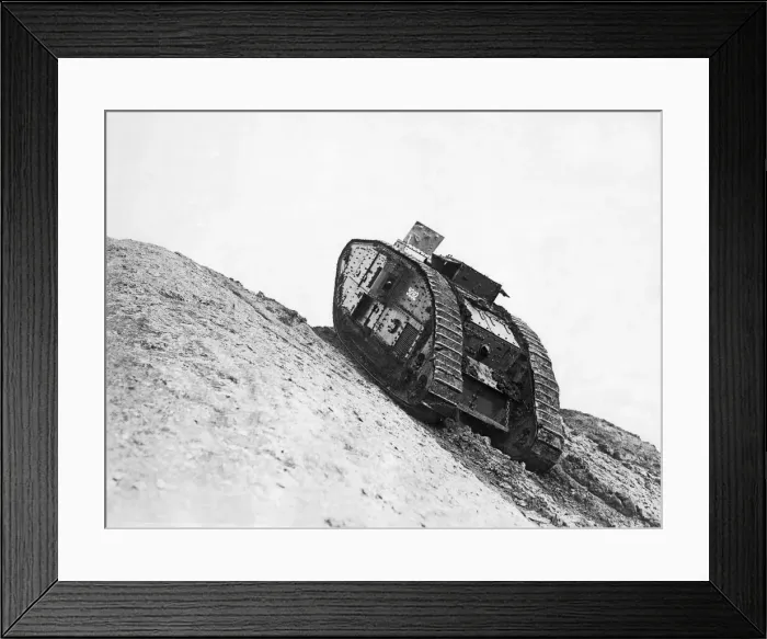 Framed Print : A British Army Mk IV tank being tested on a steep gradient at Oldbury in the West Framed Print : A British Army Mk IV tank being tested on a steep gradient at Oldbury in the West