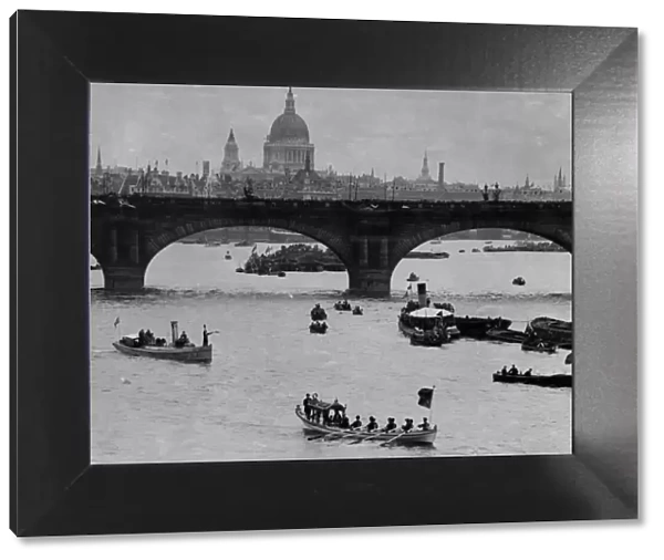 The Royal Barge sailing on the River Thames during the River Pageant. 4th August 1919