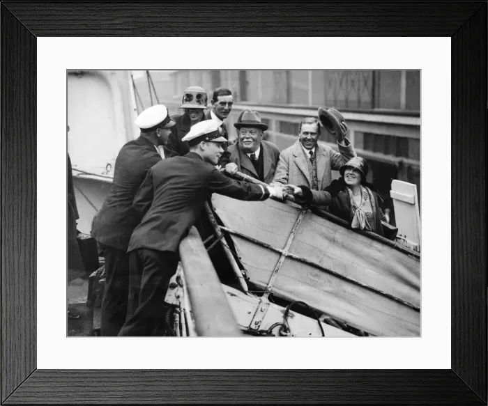 Framed Print : Five of the party of six Daily Mirror guests bidding goodbye to officers of the liner Framed Print : Five of the party of six Daily Mirror guests bidding goodbye to officers of the liner