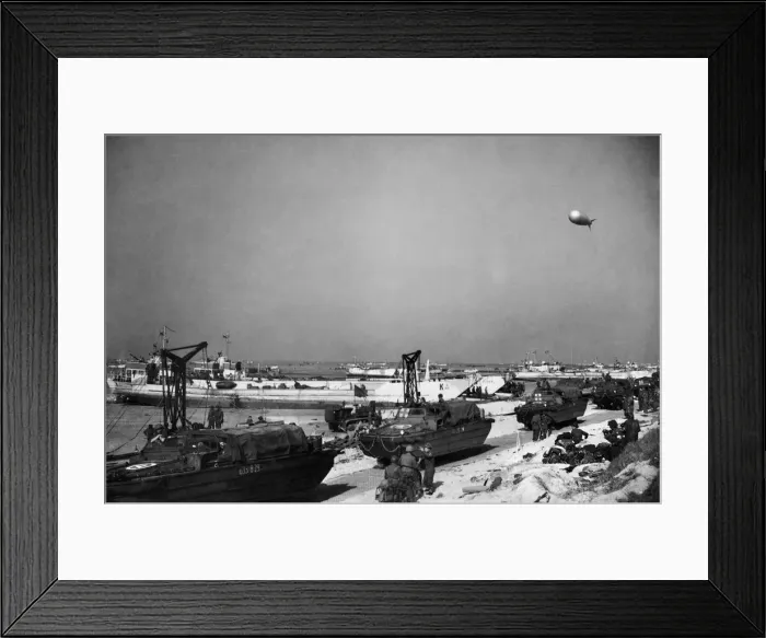 Framed Print : DUWKS lined up on the beach after discharging their loads. 9th June 1944 Framed Print : DUWKS lined up on the beach after discharging their loads. 9th June 1944