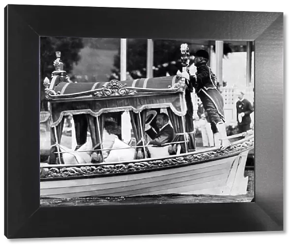 King George V on the Royal Barge during the Henley Regatta, Oxfordshire. 6th July 1912