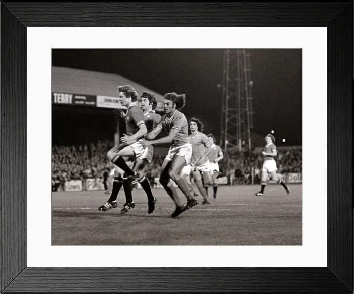 Framed Print : Manchester United v St Etienne - October 1977 players in action during the match Framed Print : Manchester United v St Etienne - October 1977 players in action during the match