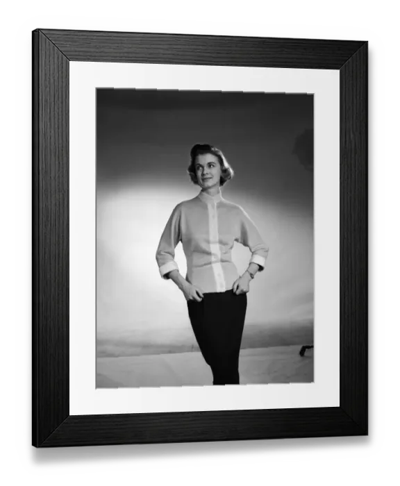 Framed Print : Cardigan modelled by Marianne Burwood. 5th January 1954 Framed Print : Cardigan modelled by Marianne Burwood. 5th January 1954