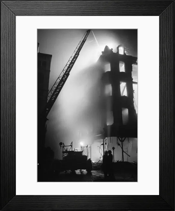Framed Print : Firefighters of the Auxiliary Fire Service attend the scene of the blazing 50 Shilling Framed Print : Firefighters of the Auxiliary Fire Service attend the scene of the blazing 50 Shilling