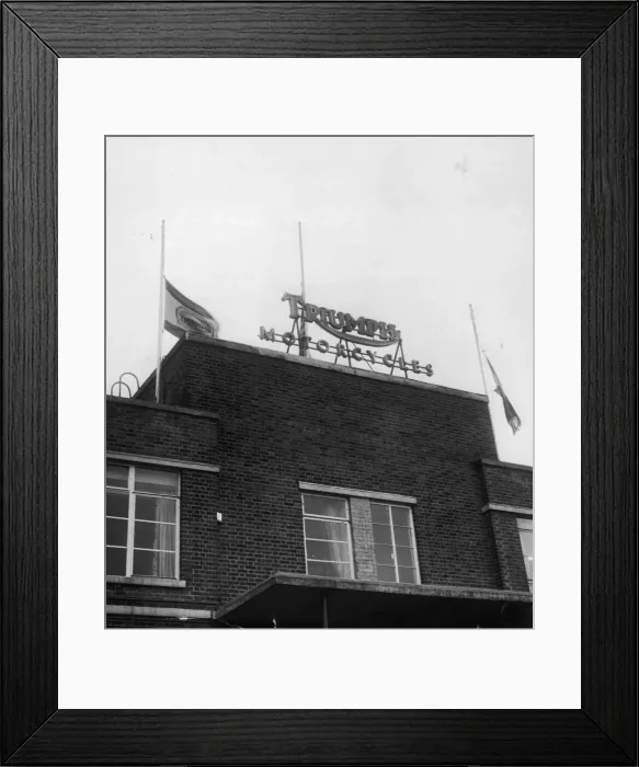 Framed Print : TRIUMPH 2 PICKETS FLY FLAGS AT HALF MAST, , , TO SHOW THAT TRIUMPH IS NOT DEAD YET