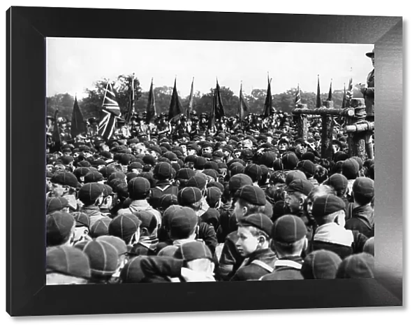 Lord Baden-Powell addressing the Cubs and Scouts during a Chief Scouts Rally. July 1933