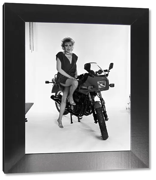 Su Pollard, pictured with a motorbike. January 1984
