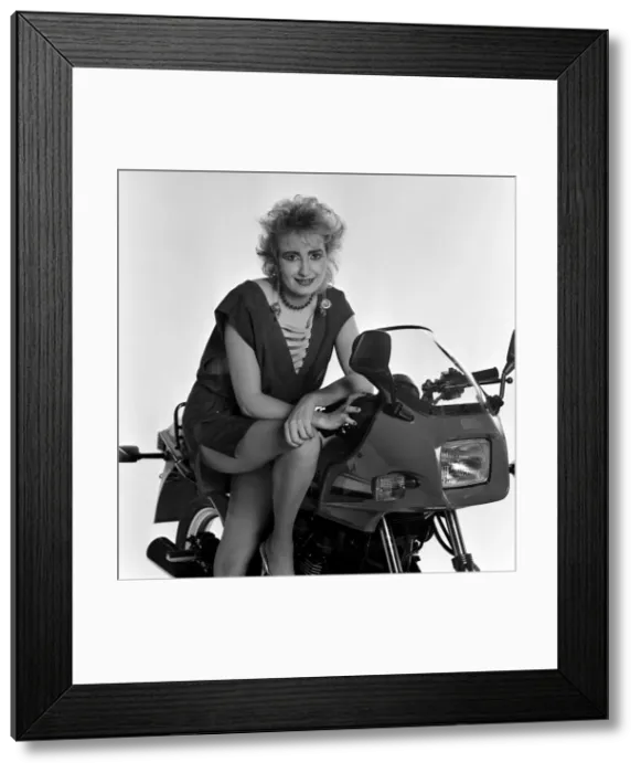 Framed Print : Su Pollard, pictured with a motorbike. January 1984 Framed Print : Su Pollard, pictured with a motorbike. January 1984