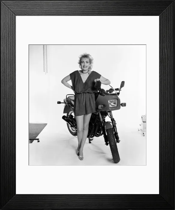 Framed Print : Su Pollard, pictured with a motorbike. January 1984 Framed Print : Su Pollard, pictured with a motorbike. January 1984
