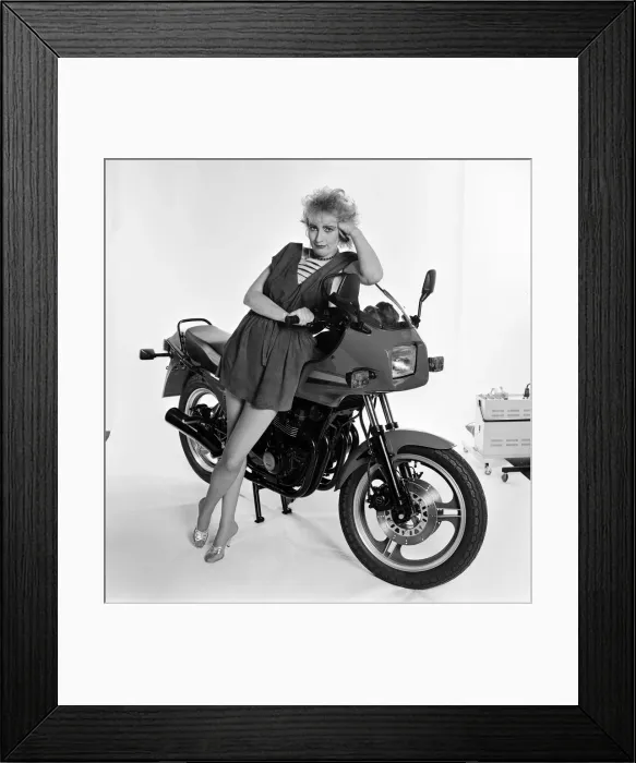 Framed Print : Su Pollard, pictured with a motorbike. January 1984 Framed Print : Su Pollard, pictured with a motorbike. January 1984