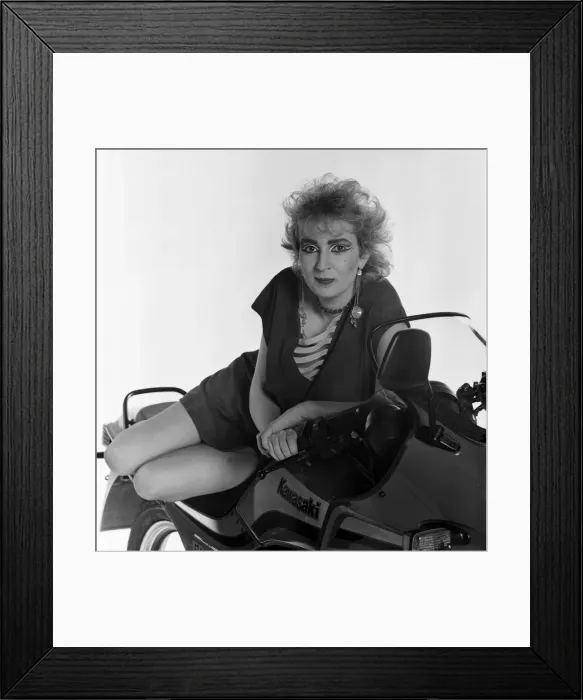 Framed Print : Su Pollard, pictured with a motorbike. January 1984 Framed Print : Su Pollard, pictured with a motorbike. January 1984
