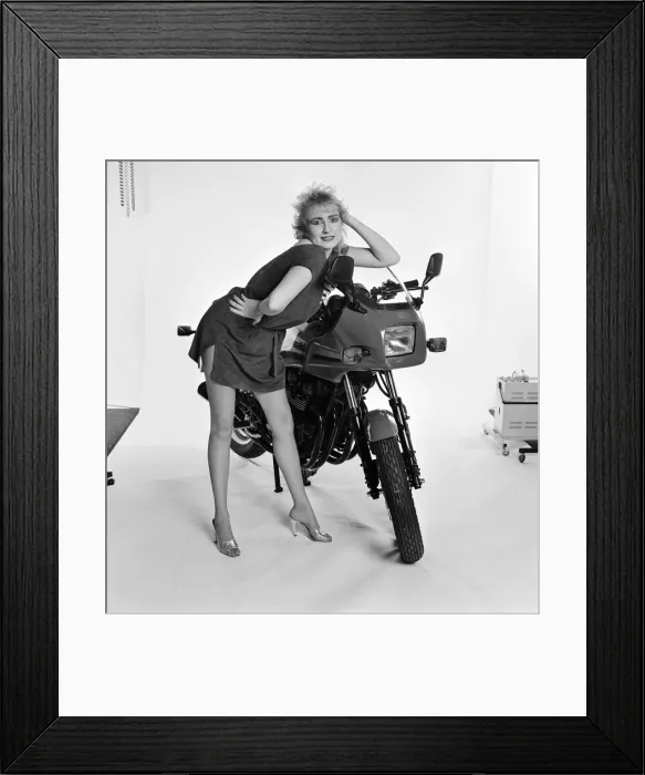 Framed Print : Su Pollard, pictured with a motorbike. January 1984 Framed Print : Su Pollard, pictured with a motorbike. January 1984