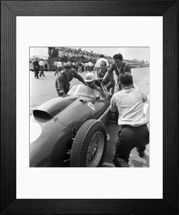 Framed Print : British Grand Prix Silverstone July 1958. Peter Collins sits in his Ferrari Dino Framed Print : British Grand Prix Silverstone July 1958. Peter Collins sits in his Ferrari Dino