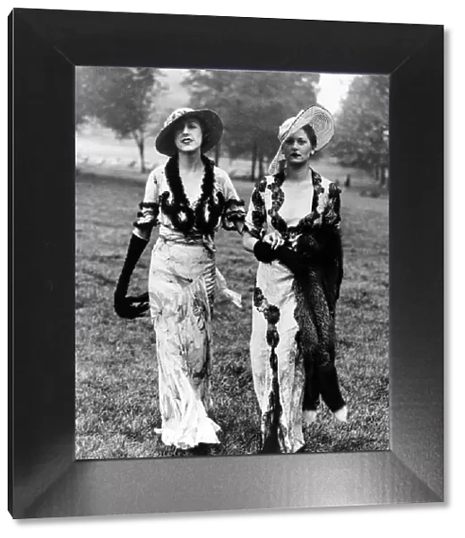 Ascot fashions of 1934. Left, a gown of white crepe de chine patterned with large pink