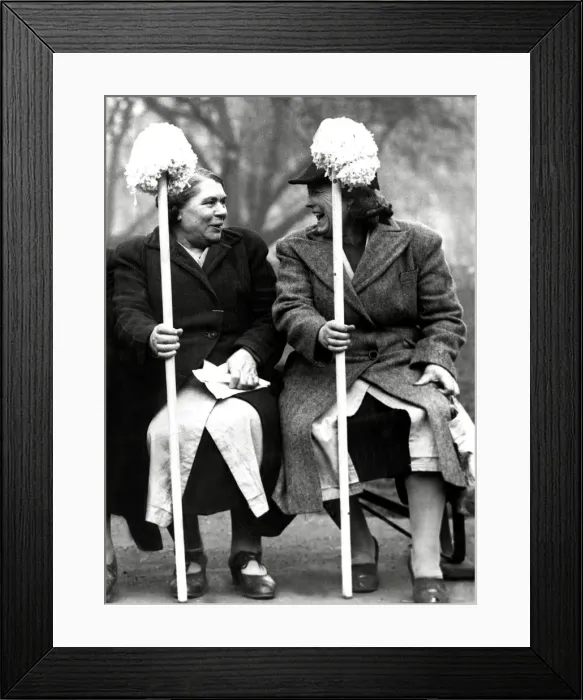 Framed Print : Char-Women holding their mops. February 1949 Framed Print : Char-Women holding their mops. February 1949