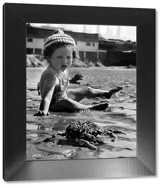 Children - Holidays Little baby girl comes across a crab on the beach