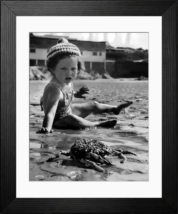 Framed Print : Children - Holidays Little baby girl comes across a crab on the beach Framed Print : Children - Holidays Little baby girl comes across a crab on the beach