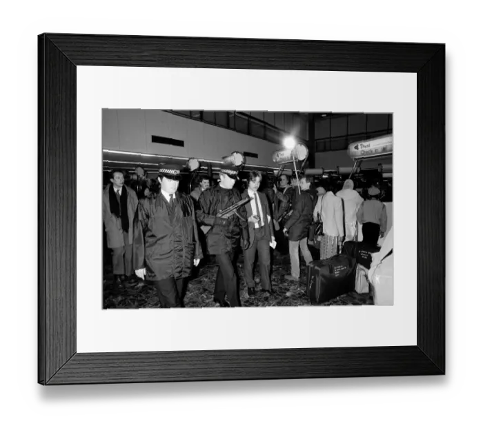 Framed Print : Armed Police at Heathrow Airport - January 1986 Television Film Crew Filming Framed Print : Armed Police at Heathrow Airport - January 1986 Television Film Crew Filming
