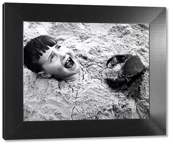 Children on the beach - Young boy burried in the sand with just his head out