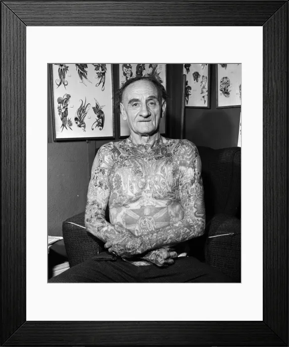 Framed Print : 72-year-old Wilf Hardy whos body is covered in tattoos. 8th December 1979 Framed Print : 72-year-old Wilf Hardy whos body is covered in tattoos. 8th December 1979
