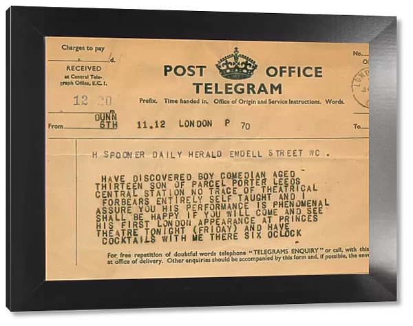 Ernie Wise telegram 6th January 1939 Telegram from Gladys Tudor Owen to H Spooner