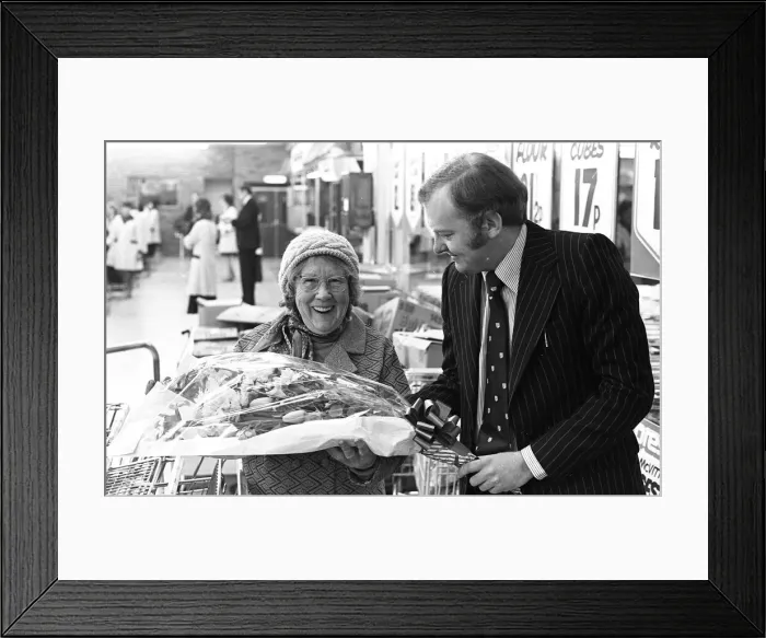 Framed Print : The first customers of the new Presto supermarket which opened in the Britannia Centre in
