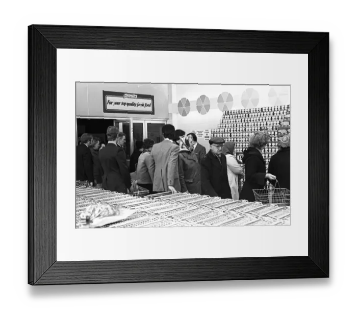 Framed Print : The first customers of the new Presto supermarket which opened in the Britannia Centre in Framed Print : The first customers of the new Presto supermarket which opened in the Britannia Centre in