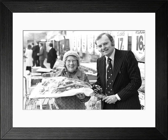Framed Print : The first customers of the new Presto supermarket which opened in the Britannia Centre in Framed Print : The first customers of the new Presto supermarket which opened in the Britannia Centre in