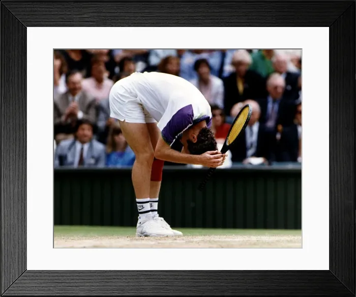 Framed Print : Andre Agassi plays John McEnroe in the Mens Singles Semi-Final Tennis at Wimbledon Framed Print : Andre Agassi plays John McEnroe in the Mens Singles Semi-Final Tennis at Wimbledon
