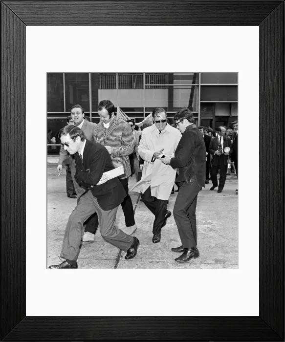 Framed Print : Bill Haley arrives at London Airport. Leather clad rockers from his fans club were Framed Print : Bill Haley arrives at London Airport. Leather clad rockers from his fans club were