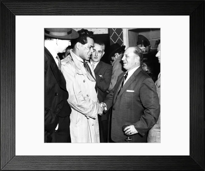 Framed Print : Bobby Gleason the manager of Nino Valdes talks with Kitione Lave Feb 1957 Framed Print : Bobby Gleason the manager of Nino Valdes talks with Kitione Lave Feb 1957