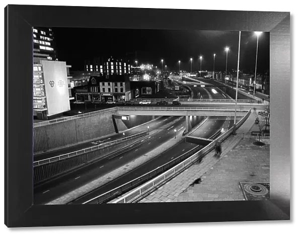 The Inner Distribution Road or IDR at night. Reading, Berkshire. 10th January 1975
