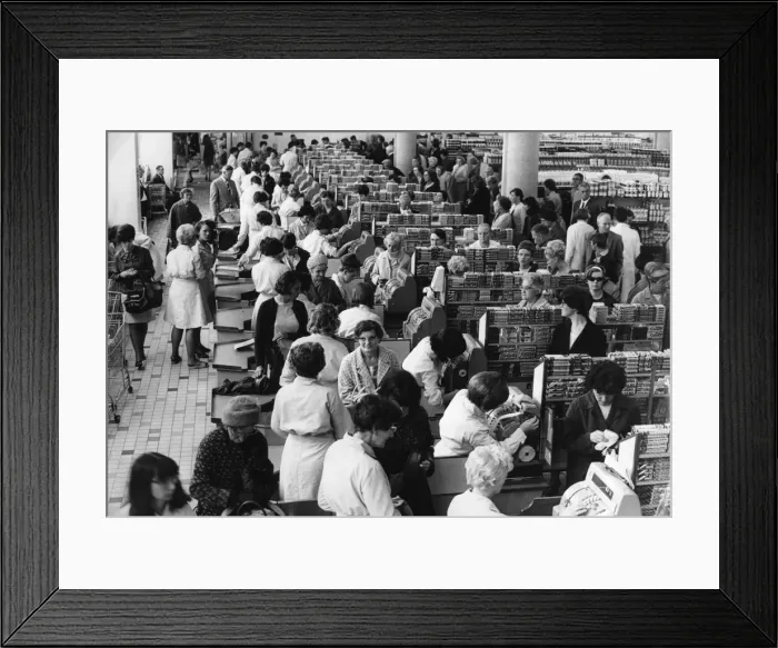 Framed Print : Shoppers at the tills at Sainsburys supermarket in Trinity Street, Coventry