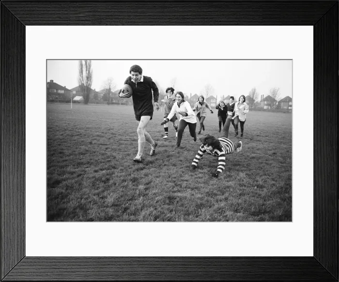 Framed Print : Girls versus boys rugby match between students of North West London Polytechnic Framed Print : Girls versus boys rugby match between students of North West London Polytechnic
