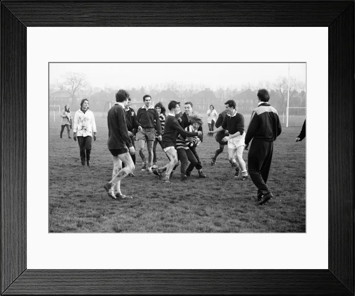 Framed Print : Girls versus boys rugby match between students of North West London Polytechnic Framed Print : Girls versus boys rugby match between students of North West London Polytechnic
