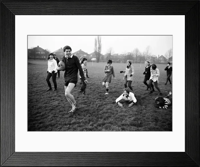 Framed Print : Girls versus boys rugby match between students of North West London Polytechnic Framed Print : Girls versus boys rugby match between students of North West London Polytechnic