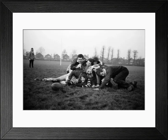 Framed Print : Girls versus boys rugby match between students of North West London Polytechnic Framed Print : Girls versus boys rugby match between students of North West London Polytechnic