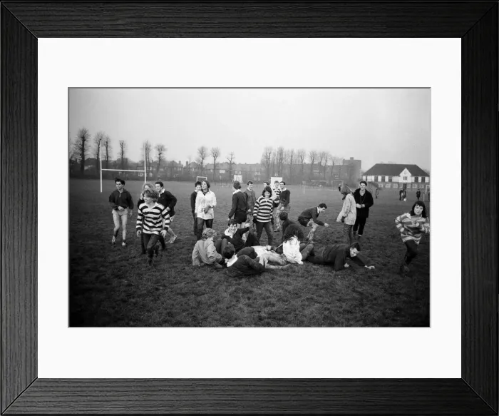 Framed Print : Girls versus boys rugby match between students of North West London Polytechnic Framed Print : Girls versus boys rugby match between students of North West London Polytechnic