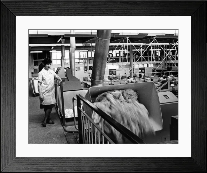 Framed Print : Whitley Hospital, Coventry, West Midlands. Into the 100lb capacity tumble-drier goes Framed Print : Whitley Hospital, Coventry, West Midlands. Into the 100lb capacity tumble-drier goes