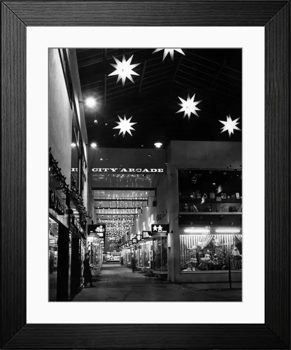 Framed Print : Lit up for Christmas - bright stars and other illuminations in the City Arcade, Coventry Framed Print : Lit up for Christmas - bright stars and other illuminations in the City Arcade, Coventry