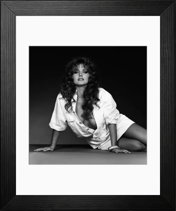 Framed Print : Linda Nolan models a mini dress and bomber jacket marketed under the Naughty