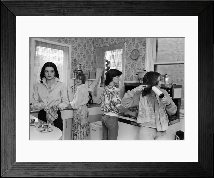 Framed Print : The Nolan sisters at home in Ilford. In the kitchen, Anne, Bernadette, Maureen and Linda Framed Print : The Nolan sisters at home in Ilford. In the kitchen, Anne, Bernadette, Maureen and Linda