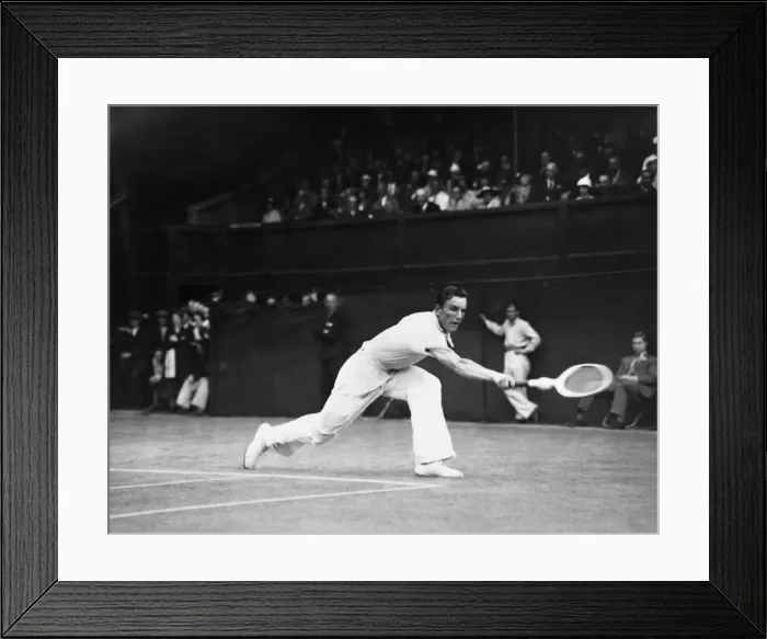 Framed Print : Fred Perry (GB) in action in the Wimbledon Mens Quarterfinals against George Lott (USA) Framed Print : Fred Perry (GB) in action in the Wimbledon Mens Quarterfinals against George Lott (USA)