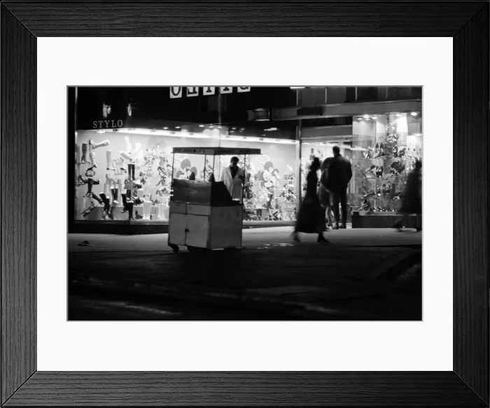 Framed Print : Street trader selling hot dogs. Birmingham, West Midlands. 20th November 1970 Framed Print : Street trader selling hot dogs. Birmingham, West Midlands. 20th November 1970