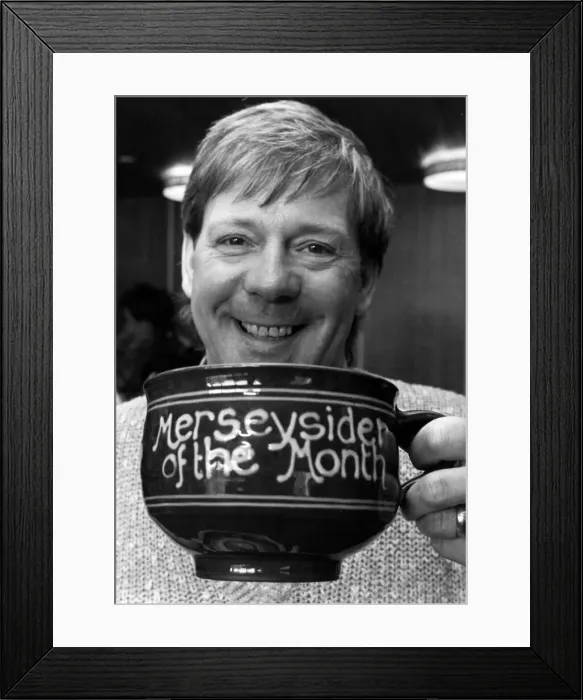 Framed Print : Billy Butler raises a smile and a cup of tea for the Merseyside of the Month competition Framed Print : Billy Butler raises a smile and a cup of tea for the Merseyside of the Month competition