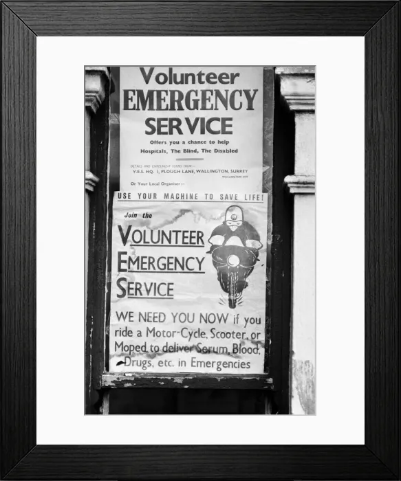 Framed Print : Poster asking for motor cyclists to help the Volunteer Emergency Service Framed Print : Poster asking for motor cyclists to help the Volunteer Emergency Service